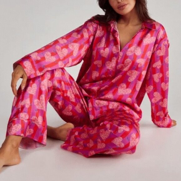 Nasty Gal Other - Nasty Gal Stripe Heart Oversized Shirt Pajama Pants Set